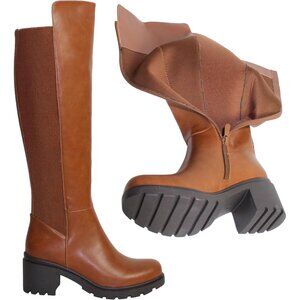 Chic Tan Women's Knee-High Boots with Comfortable Chunky Heels & Side Zipper